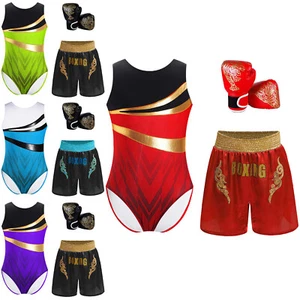 Boys Boxing Competition Costume Geometric Printed Leotard Shorts Gloves Workout - Picture 1 of 33