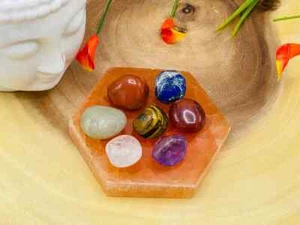 Orange Selenite Hexagon Charging Station, 7 Chakra Stones, Crystal Holder Plate - Picture 1 of 10