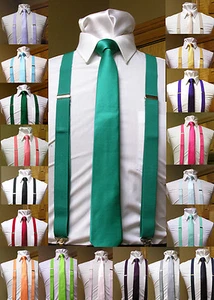 Matching skinny tie and suspenders set men's clip-on x back longer necktie prom - Picture 1 of 40