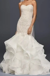 Oleg Cassini David'sBridal strapless Wedding Dress &Cathedral veil S8 Trumpet - Picture 1 of 12
