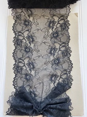 Borde de encaje elástico negro floral doble filo/costura/artesanía/lencería/7,25" de ancho Foto 1 de 4