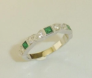 Ladies Handmade 925 Sterling Silver Emerald and  White Sapphire Eternity Ring - Picture 1 of 11