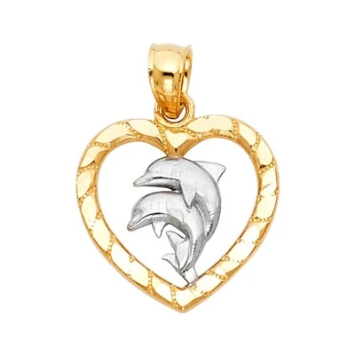 Corazón de oro de dos tonos de 14K con colgante de delfín Foto 1 de 4
