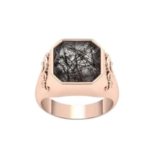 18K Gold 7Ct 14x14mm Asscher Cut Blk Rutilated Quarz Wedding Signet Ring for Men - Picture 1 of 8