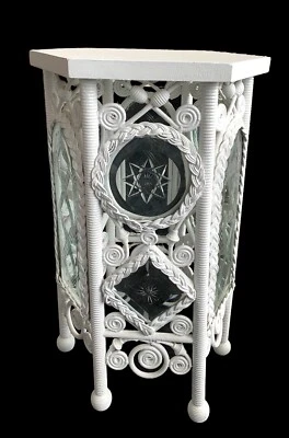 Antique Wicker Table ~ leaded & etched glass panels ~ rare ~ 1890s ~ hexagon - Image 1 of 4