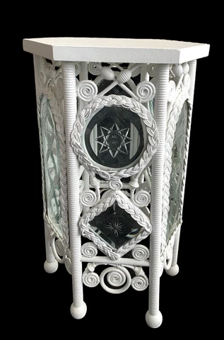 Antique Wicker Table ~ leaded & etched glass panels ~ rare ~ 1890s ~ hexagon Cover