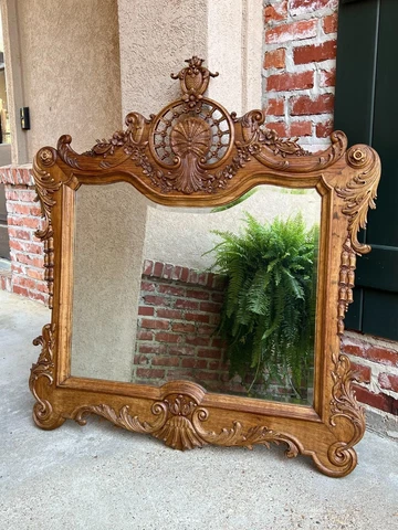 Antique French Wall Console Mirror Louis XV Carved Oak Stripped Finish Beveled Cover