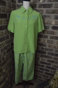 Dressbarn 2 pc Outfit Shirt Pant Silk Linen Green Palm Tree Hawaii size Large AE - Picture 1 of 6