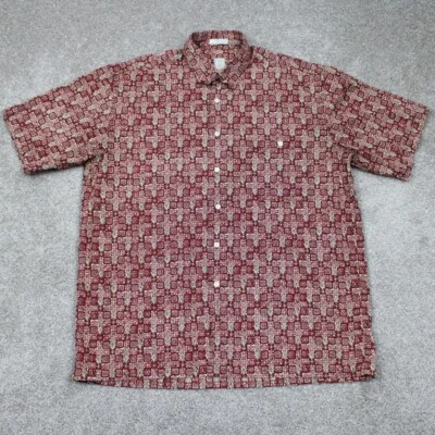 Camisa Birmania Bibas Hombres Grande Roja Geométrica 60 Individuales Césped 100% Algodón S/S Botón Foto 1 de 4