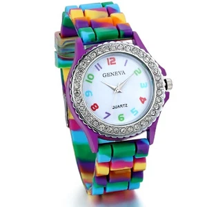 Women's Quartz Analog Wrist Watch Casual Rhinestone Rainbow Jelly Silicone Band - Picture 1 of 8