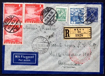 AUSTRIA 1938 REGISTERED UPRATED 40G AIRMAIL POSTAL COVER FRANKED SC. #C42(X3) - Image 1 of 2