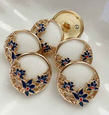 6PC Blue Flower White Enamel Gold Shank Metal Buttons 23mm - Image 1 of 3