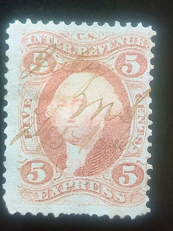 US Revenue Stamp R25c 5c Express First Issue 1962-1871 RR  Hand Cancelled - Image 1 of 1