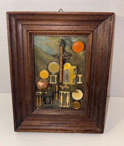 Vintage Mid Century Modern Judaica Emaille Plakette Kunst gerahmt Israel 6” x 8” - Bild 1 von 11