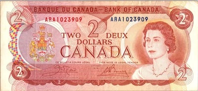 VINTAGE CANADA BANKNOTE 1974 2  DOLLAR PREFIX ARA  NO467 - Image 1 of 2