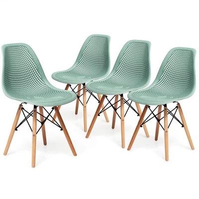 Costway Set of 4 Plastic Hollow Out Chair Mid Century Modern Wood-Leg Seat Green - Image 1 of 4