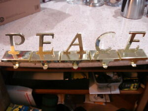 "PEACE" 5-Polished Brass 5" Christmas Mantle Stocking Hanger Holders EUC