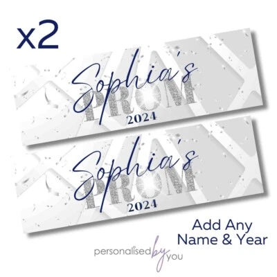 MADVINYL 2x Personalised PROM Banners Party Silver Navy Banners LARGE Poster ANY TEXT