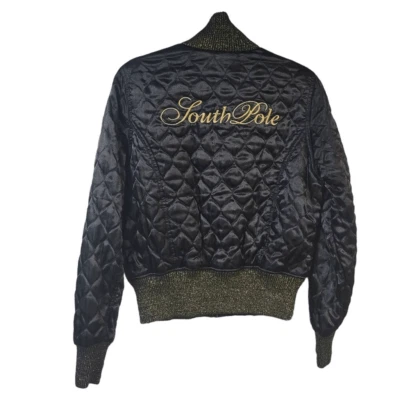 Chaqueta bomber puffer acolchada negra South Pole Y2K vanguardista años 90 para mujer XL ribete dorado Foto 1 de 4