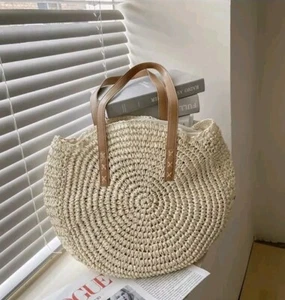 Handmade round straw bag, women's rattan shoulder bag summer beach tote, woven - Picture 1 of 2