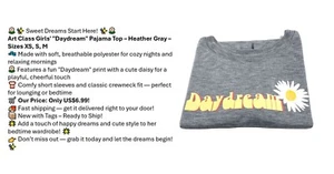 Art Cass Girls Short Sleeve Graphic Sleepwear Shirt Daydream Gray - Szs XS, S, M - Picture 1 of 4