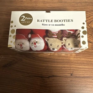 Little Me Rattle Baby Booties     Santa & Reindeer       0-12 Months     NiP - Picture 1 of 3