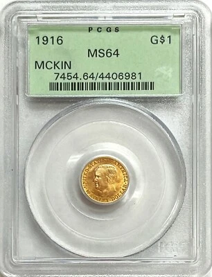 1916 GOLD McKINLEY $1 DOLLAR COMMEMORATIVE COIN PCGS MINT STATE 64 - Image 1 of 2