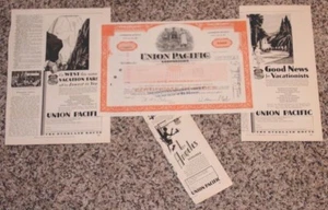 Vintage UNION PACIFIC 1932 Ads (3) and UNION PACIFIC CORPORATION Stock Cert 1980 - Picture 1 of 1