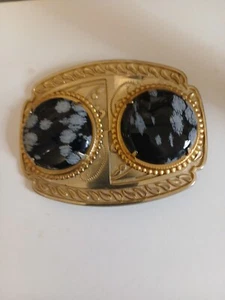 Vintage Brass Double Stoned Cabochon Western Belt Buckle  - Picture 1 of 7