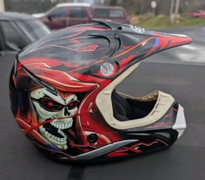 GMAX Red & Black Motocross Racing Helmet Grimm Reaper Skull Raven 46Y Youth  - Image 1 of 4
