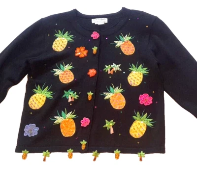 Suéter rápido Jack B médio abacaxi palmeiras lantejoulas enfeitadas artístico Aloha - Imagem 1 de 4