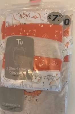 3 Cotton Sleepsuits Wild Animal Design  Suit Up To 1 Month & Matching Bodysuits - Image 1 of 4