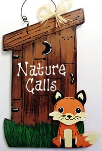 OUTHOUSE Nature Calls FOX SIGN Bathoom Bath Rustic Country Wood Wall Art Plaque  - Picture 1 of 1