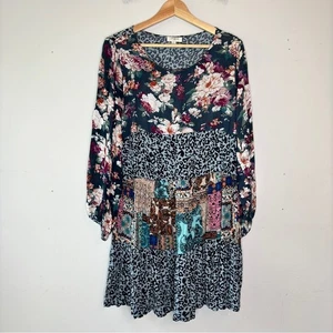 Umgee Mini Abito Boho Multicolore Stampa Mista Patchwork Girocollo Manica Lunga M - Foto 1 di 13