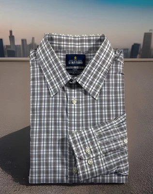 Men's Stafford Travel Performance Super Shirt Size 17 34/35 Brown/Blue/White - Image 1 of 4