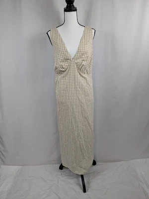 OLD NAVY Beige White Gingham Plaid Linen Babydoll Smocked Maxi Dress 2X XXL A123 - Image 1 of 4