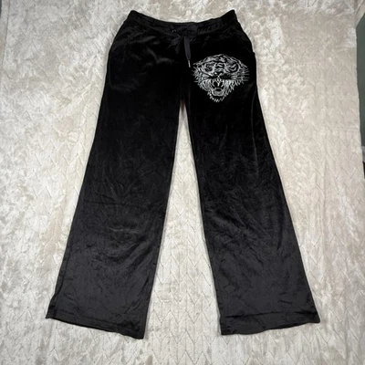 Ed Hardy Pants Womens Medium Velour Rhinestone Tiger Wide Leg Lounge EHW8205-3 - Image 1 of 4