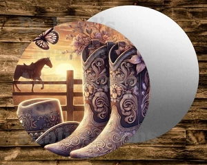 COWGIRL WESTERN BOOTS RODEO Round metal Sign for Wreaths, dollhouse, crafts - Picture 1 of 1