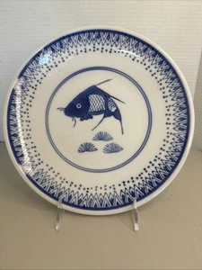 Vintage Chinese Blue And White Serving Dish Koi Fish Console Plate 10” - Picture 1 of 4