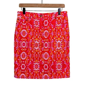 Jones New York NWT 4 Orange Hot Pink Ikat Print Soft Denim Pencil Skirt - Picture 1 of 7