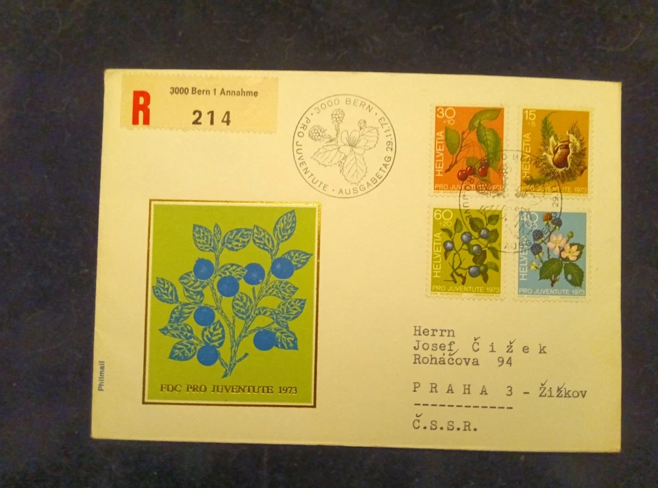 Bloque de estampillas postales suizas registradas por la FDC de Suiza 1973 Foto 1 de 1