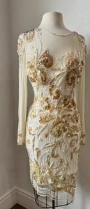 Casadei Rücken Reißverschluss Pailletten bestickt Creme Kleid Größe Medium USA - Bild 1 von 6