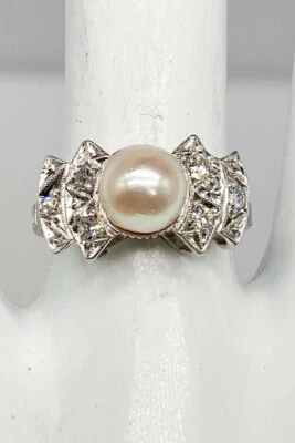 Antiguo anillo de platino con diamantes de 0,50 quilates VS G de perlas cultivadas de 7,5 mm de la década de 1920 4 g Foto 1 de 4