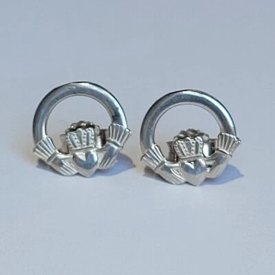 Genuine Sterling Silver Irish Claddagh Stud Post Earrings Heart Crown Hands - Image 1 of 4