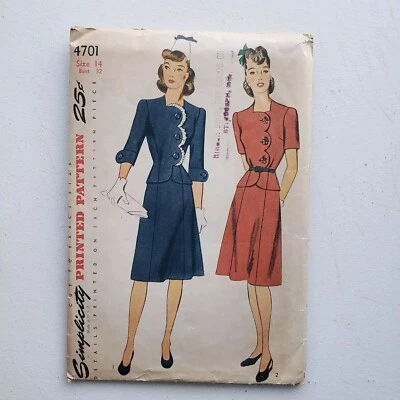 1940s Vintage Simplicity 4701 Ruffle Scalloped Jacket Skirt Suit Sewing Pattern  - Image 1 of 2