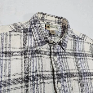 Reunion Shirt Mens M Tartan Flannel Tweed Woven Gray Blue White Plaid Check - Picture 1 of 13