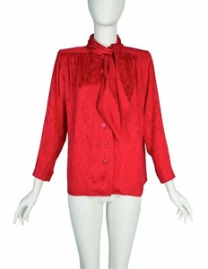 Yves Saint Laurent Vintage 1980s Red Scale Silk Jacquard Ascot Lavalliere Shirt - Picture 1 of 9