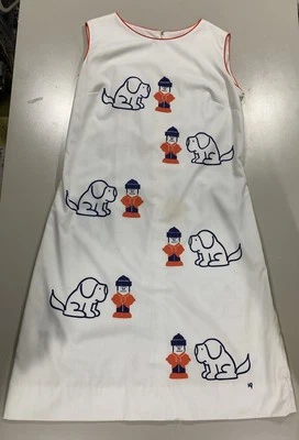 复古 20 世纪 60 年代 Vested Gentress 女式印花连衣裙狗保湿白色红色蓝色罕见 — 第 1/4 张图片