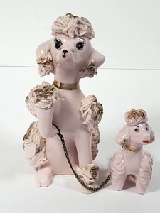 Vintage Poodle Dog Mom and Baby Pink Spaghetti Porcelain DABS Japan - Picture 1 of 16