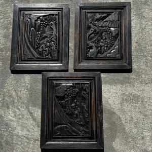 3er Set Vintage Antik? Handgeschnitzte Wand Holz Panel Dekor Storyboards hängend - Bild 1 von 13